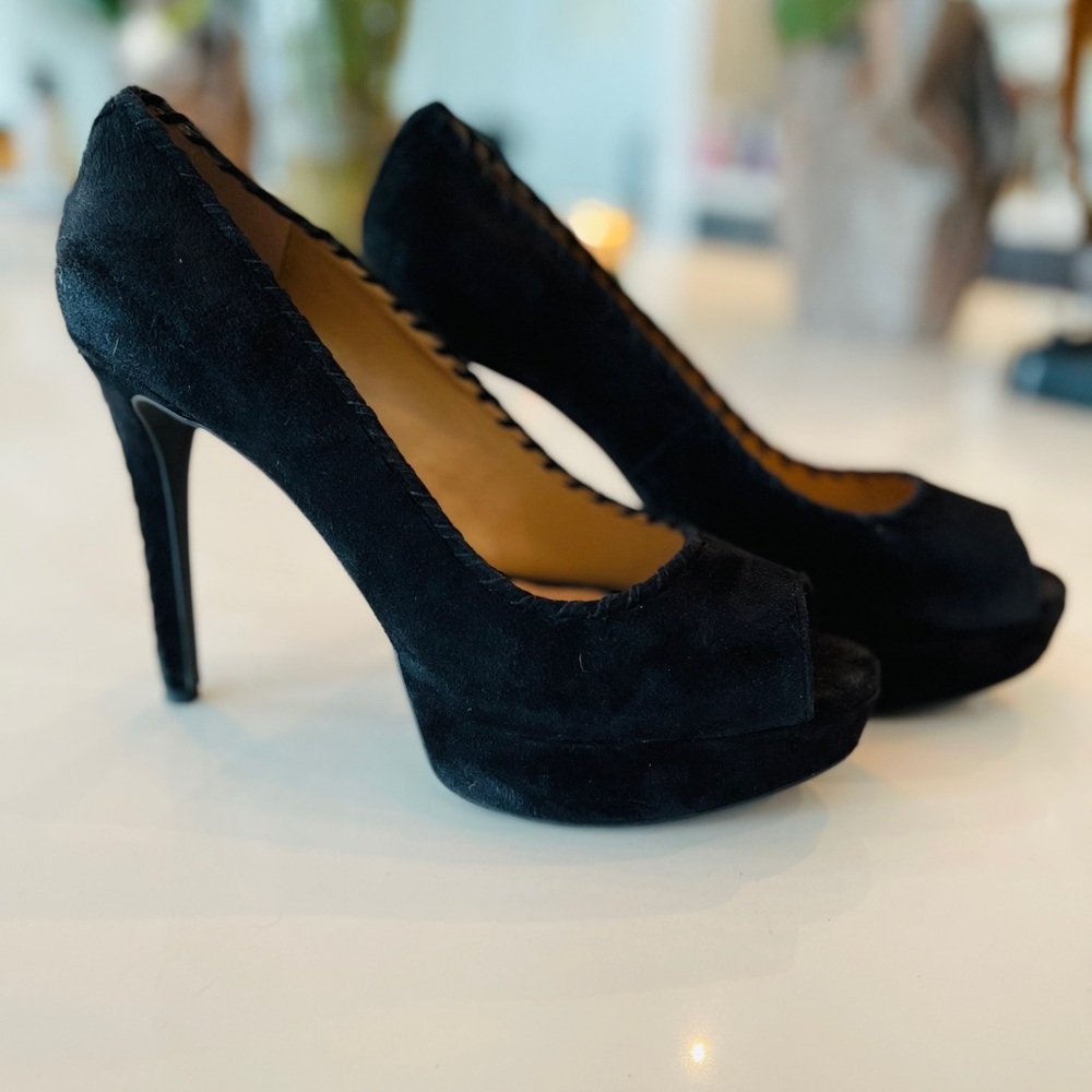 Black Suede Antonio Melani Peep Toe Heels